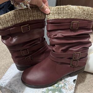 Burgundy Buckle Strap Boots
